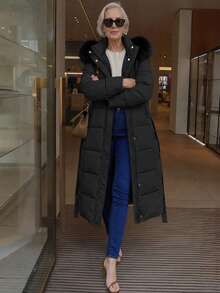Giolshon 女款休閒連帽填充夾克，附口袋，輕量絎縫填充外套，人造毛內裡，適合春夏秋冬日常穿著 - 黑色 - 查看 3