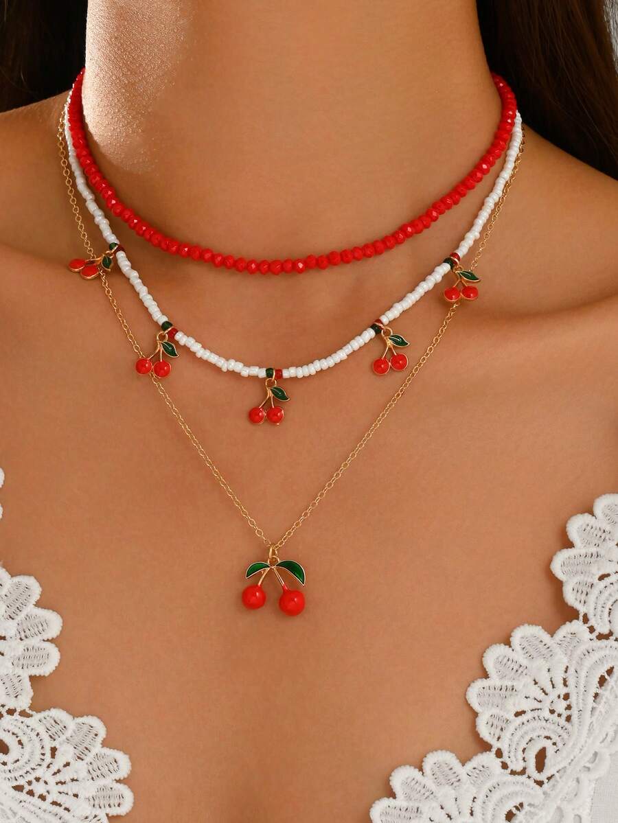 3pcs/Set Fashion Sweet Cherry Pendant Tassel Red White Rice Bead Beaded Necklace, Popular Dopamine Women's Neck Jewelry, Suitable For Daily Wear, Dating, Party And Vacation - Multicolor - View 1