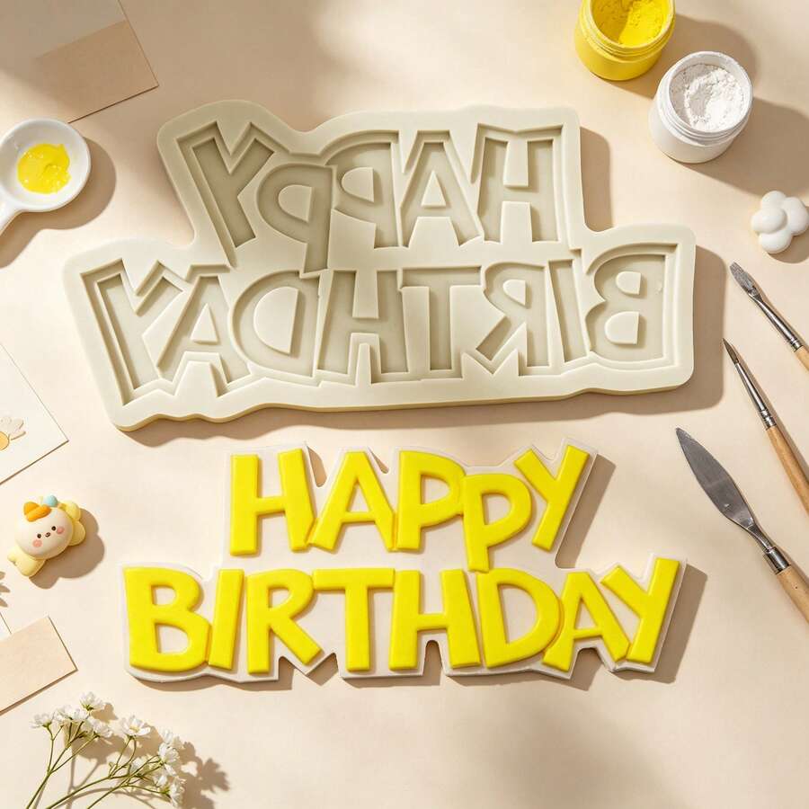 1 pièce Moule de bougie décorative de style Happy Birthday, accessoires de décoration de tir, décoration d'anniversaire en résine liquide faite à la main, démoulage simple, moule en silicone réutilisable, sans contact alimentaire. - Beige - Voir 1