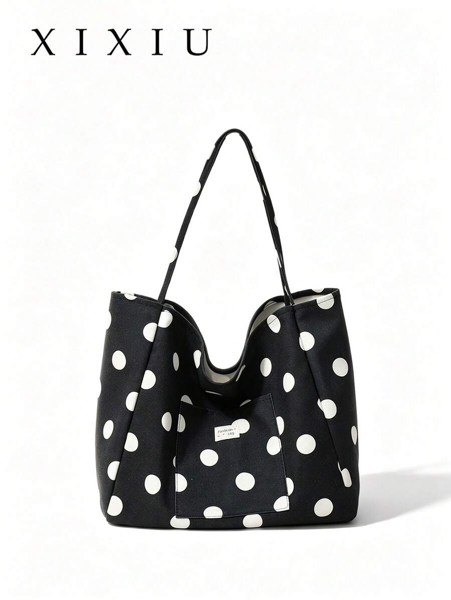 Women's Polka Dot Canvas Tote Bag, Large Capacity Shoulder Bag With Front Pocket, Casual Handbag For Daily Use - Black - View 1