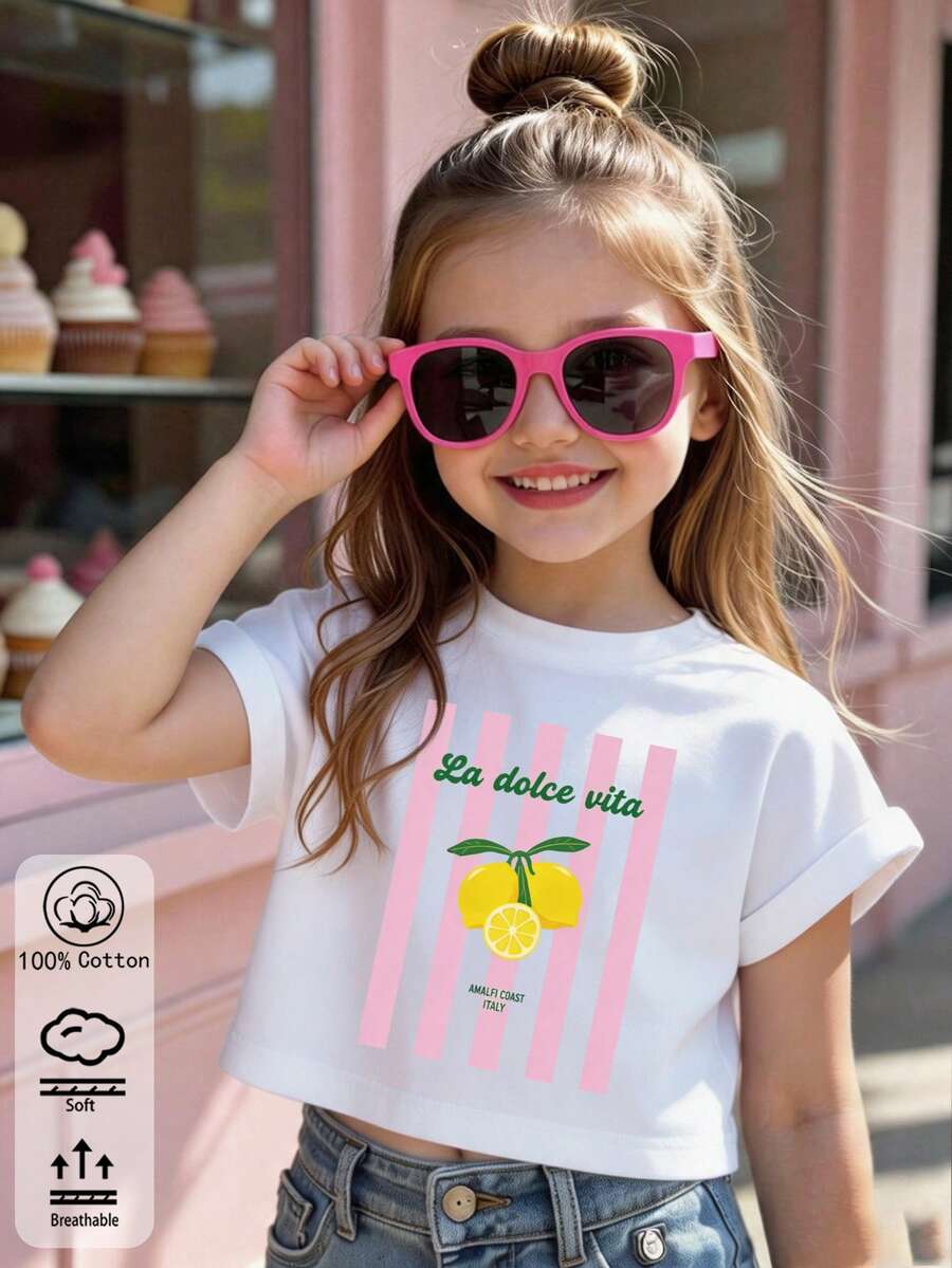 Charming Girls' Lemon Print T-Shirt With Pink Vertical Stripes And 'La Dolce Vita' Amalfi Coast Script - White - View 1