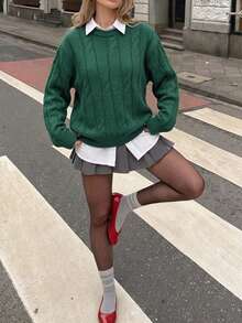 1件女童青少年休閒個性化扭繩設計聖誕針織套頭保暖毛衣，適合春/秋/冬 - 綠色 - 查看 5