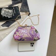 蕾絲花卉拼接圖案時尚扣飾女款手提包，優雅適合派對與購物，隨機圖案配置 - 紫色 - 查看 4