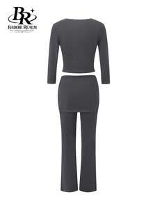 BADDIE REALM Women's 2pcs Crop Top Elastic Daily Basic - Grey - View 5