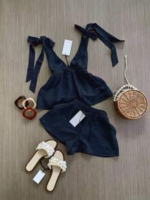 Conjunto de moda para mujer primavera/verano, conjunto de camisola y shorts para vacaciones.Negro elegante - Azul marino - Ver 3