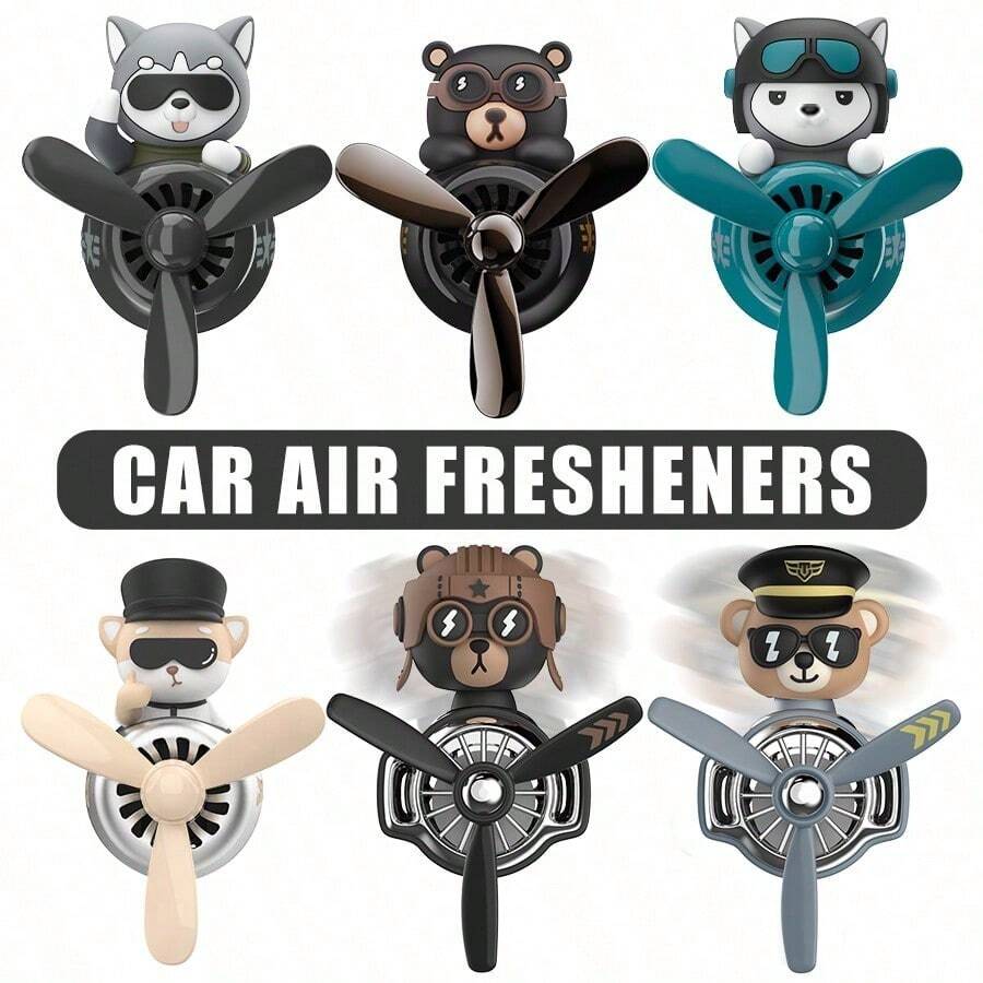 15pcs Random Style Rotating Propeller Pilot Bear Airplane Car Air Vent Aroma Clip, Funny Cartoon Husky Humorous Fragrance Diffuser, Dashboard Aroma Ornament Fan Pendant Interior - Random - View 1