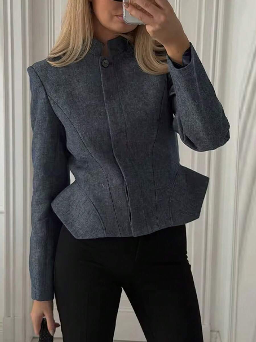 女款優雅通勤長袖立領開襟收腰小外套(含肩墊)純色前扣鈕扣復古通勤夾克 適合辦公室日常約會 - 深藍色 - 查看 1