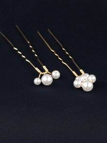 5pcs Elegant Handmade Faux Pearl U-Shaped Hair Combs And Hair Pins Headpiece, For Wedding And Bridal Decoration - Gold - View 6