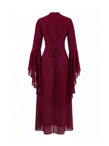 Women's Solid Color Bell Sleeve Elegant Party Occasion Long Dress - Burgundy - View 7