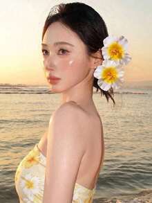 2件組夏威夷木槿花髮夾，黃色漸層熱帶海灘 Luau 派對女性髮飾 - 黃色 - 查看 4