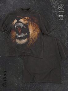 ANBOA DTG NO Diamond Lion Graphic Y2K Print T Shirt, Men's Washed Cotton Graphic Tee, Gothic Streetwear Oversized Short Sleeve Shirt, Retro Casual Top - Black - View 2