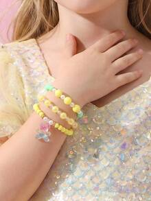 3pcs/Set Girls Colorful Beaded Bracelets, Cartoon Pendant Bow Tassel Bracelet Set, Suitable For Daily Decoration And Gift Giving - Multicolor - View 3