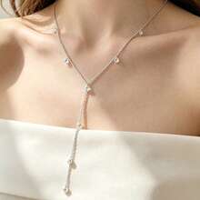 925 Sterling Silver Rhodium Plated Necklace With Cubic Zirconia Tassel, Layerable - Silver - View 2
