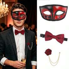 3pcs Masquerade Men's Mask & Bow Tie Set, Half Face Mask For Ballroom Party, Halloween Men's & Women's Half Face Mask - Multicolor - View 1