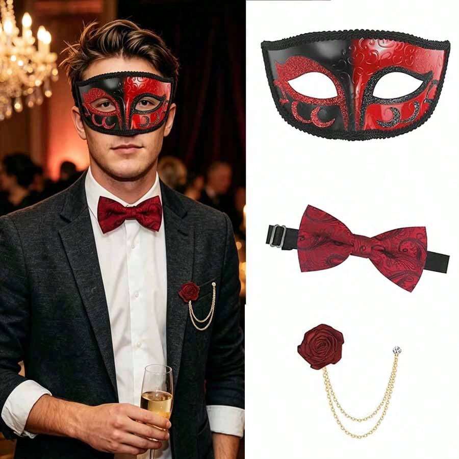 3pcs Masquerade Men's Mask & Bow Tie Set, Half Face Mask For Ballroom Party, Halloween Men's & Women's Half Face Mask - Multicolor - View 1