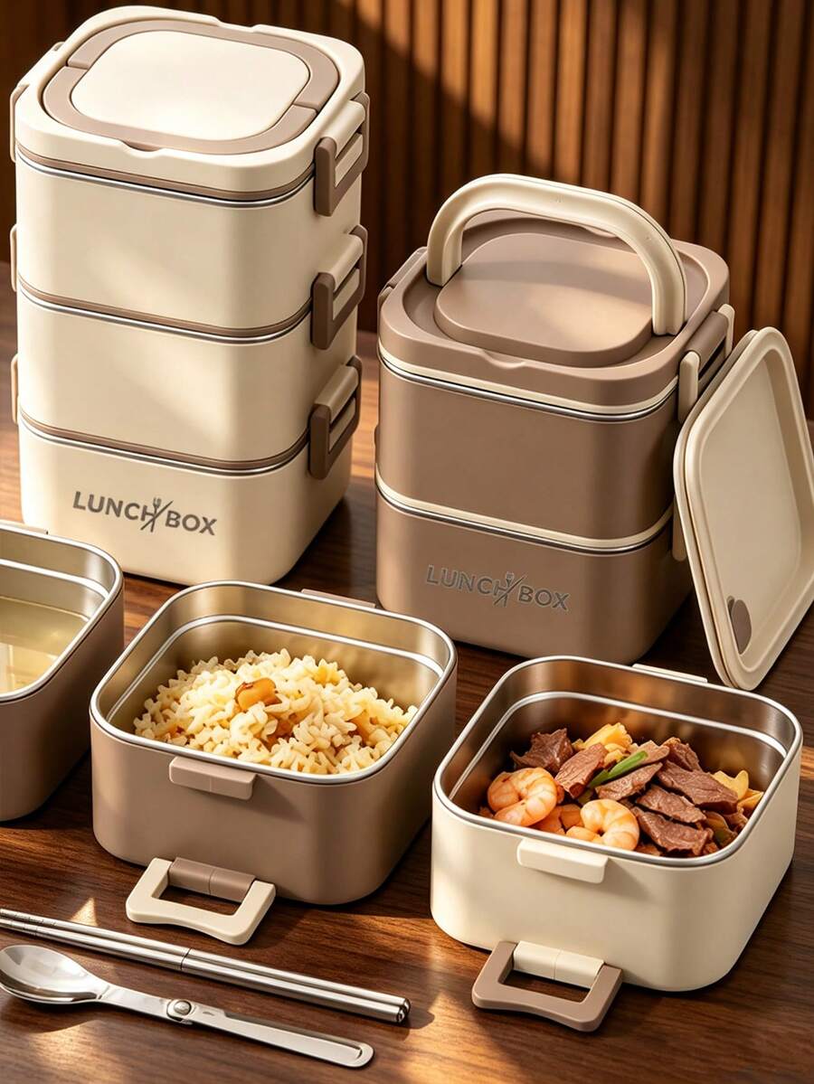 Large Capacity 304 Stainless Steel Adult Lunch Box, 4/3/2/1 Stackable Bento Lunch Box, Suitable For Adults, Modern Minimalist Square Design Bento Box, With Utensil Set And Insulated Bag, Leak-Proof Lunch Box, Suitable For Outings, Work, Picnic, Microwave And Dishwasher - Multicolor - View 1
