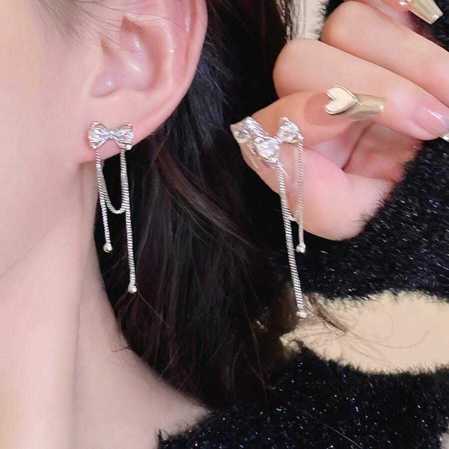 1 Pair Ethereal Tassel Bow Stud Earrings, Chinese Style Niche Design, Unique Elegant Long Earrings For Women - Silver - View 1