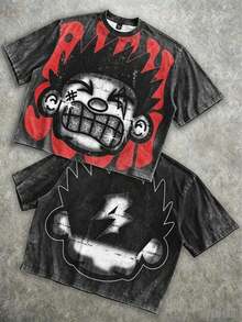 Manfinity Roghcode Men's Oversized Distressed Funny Diamond Teeth Tattoo Big Face Allover Print Cropped Loose T-Shirt (High Quality) - 水洗黑紅 - 查看 21