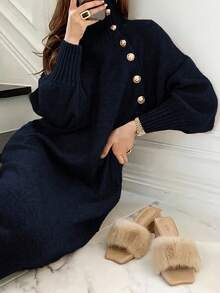 YI XUAN Women's High Neck Long Sleeve Dress With Button Decor And Waist Design, Mid-Length Wool Knit Dress, Suitable For Autumn/Winter - Royal Blue - View 4