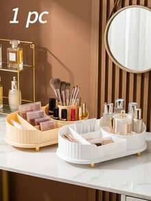 1 Peça Caixa de Armazenamento de Cosméticos de Plástico PS com Grande Capacidade e Rotação 360°, Organizador de Vaidade Oval com Listras Verticais, Base Dourada com Divisórias para Pincéis de Maquiagem, Batons e Produtos de Skincare, Decoração de Mesa para Quarto e Banheiro, Presente para Mulheres no Dia dos Namorados e Natal - Multicolorido - Visão 2