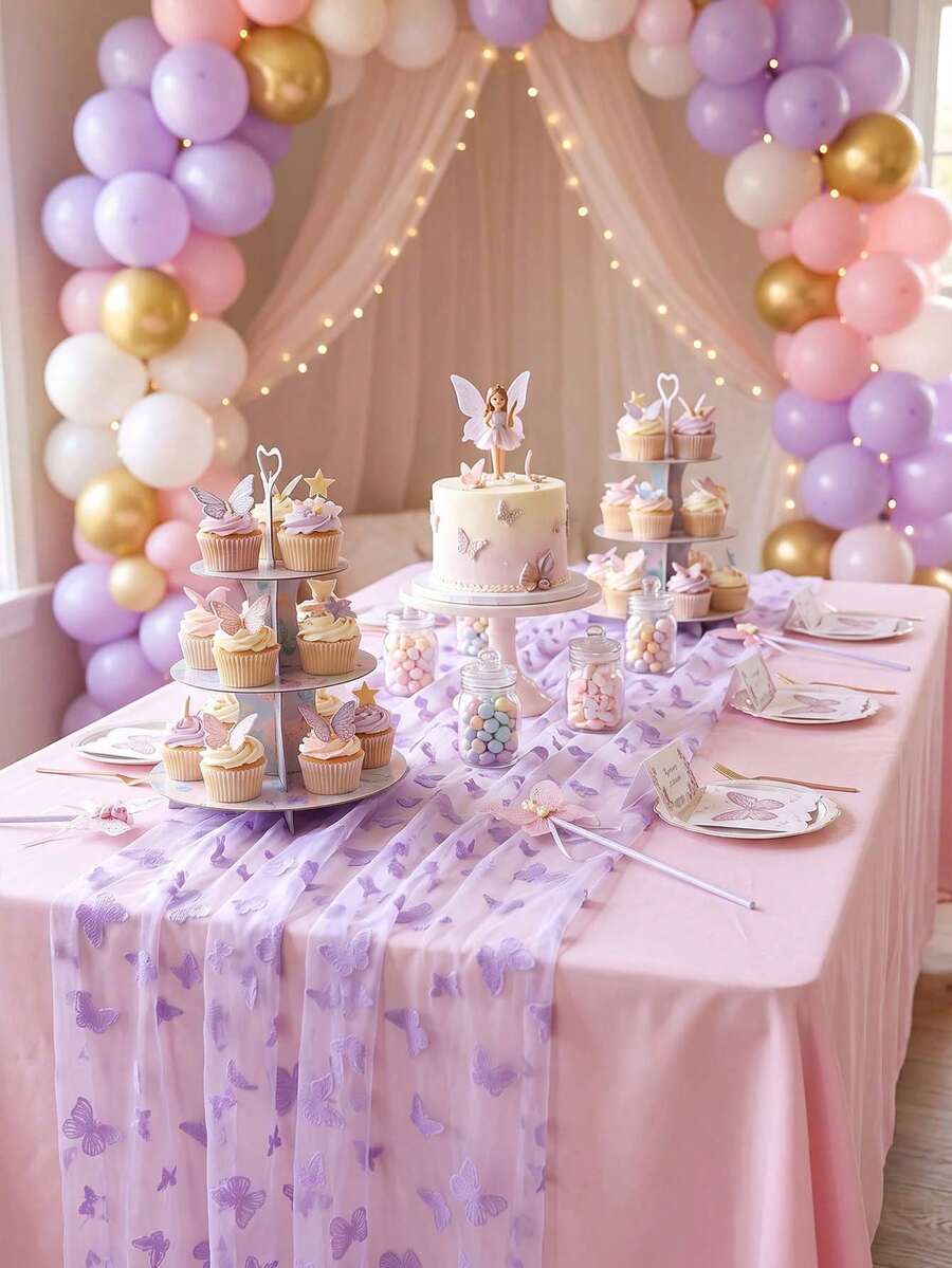 1pc Purple Butterfly Print Semi-Sheer Chiffon Table Runner, Elegant Dreamy Tabletop Decor, Suitable For Wedding Reception, Bridal Shower, Baby Shower, Birthday Party, Garden Tea Party, Holiday Celebration, Restaurant Home Decor, Photo Backdrop - Multicolor - View 1