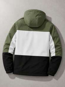Men's Green White Black Colorblock Hooded Jacket, Minimalist Outdoor Casual Top - Green - View 2