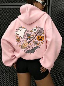 Geister-Herz-Muster Sweatshirt, Damen Große Größen Lässig Herbst/Winter Langarm Tasche Kapuzen-Sweatshirt Rosa - Pink - Übersicht 1