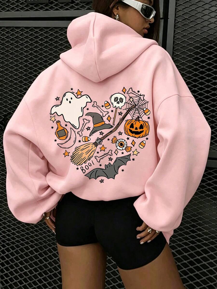 Geister-Herz-Muster Sweatshirt, Damen Große Größen Lässig Herbst/Winter Langarm Tasche Kapuzen-Sweatshirt Rosa - Pink - Übersicht 1