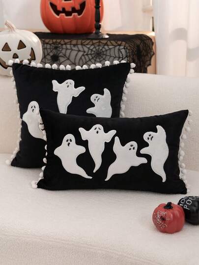 1pc Halloween Black Ghost Embroidered Pillow Case, Suitable For Indoor Decoration, Halloween Decoration, All Season Pillow Case, Without Insert