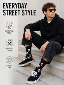 Men's Skull Short Socks, Fun Halloween Style With Spider Web Pattern, Soft Elastic Cotton Blend Short Socks, Casual Novelty Dress Socks For Daily Wear, Men's Street Style Gift - Multicolor - View 4