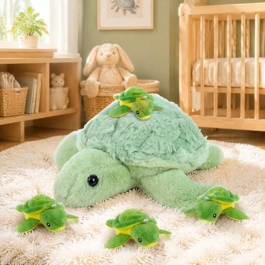 6PCS Turtle Plush Toy, Mother Turtle With 4 Baby Turtles, Soft Plush Stuffed Animal Toy, Cute Plush Turtle Keychain Pendant, Birthday Party Gift, Christmas - Mint Green - View 1