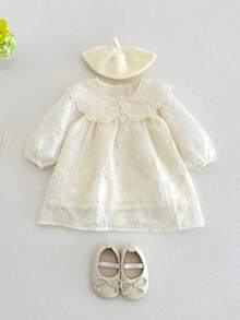 1pc Baby Girl Lace Peter Pan Collar Long Sleeve Soft Dress - Beige - View 2