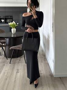 ODALIA Women's Elegant Black 2-Piece Set, One-Shoulder Long Sleeve Cropped Top Paired With Elegant Slim-Fit Long Skirt, Decorated With Semi-Transparent Lace And Hollow-Out Design, Summer Casual 2026 New Arrival, Fall Set, Women's Autumn/Winter Clothing, Women's Elegant Outfit, Back To School - Black - View 1