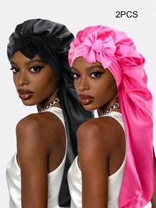 1pc Women's Faux Silk Long Sleeve Sleep Cap, Long Braid Hair Protection Bonnet, Headscarf Hat Suitable For Daily Use - Skin Powder - View 39