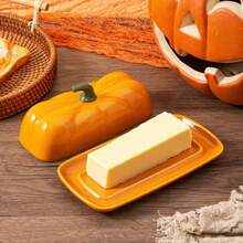 1pc Pumpkin Shaped Ceramic Butter Dish With Lid, Autumn Harvest Thanksgiving Decorative Butter Container, Covered Butter Tray For Kitchen Counter Dining Table Home Party, Thanksgiving Harvest Gift For Kitchen Lovers - View 2