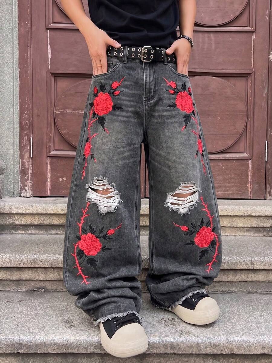 男士復古灰色水洗紅玫瑰刺繡破洞磨損寬鬆寬腿牛仔褲 - 淺灰色 - 查看 1
