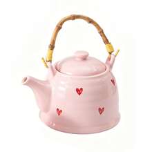 1 Set Cute Pink Heart Pattern Ceramic Tea Set, Vintage Wavy Porcelain Teaware, Includes Bamboo Woven Handle Teapot And 4 Striped Teacups, Portable Afternoon Tea Drinkware Set, Suitable For Home Kitchen, Wedding, Valentine's Day Gift - Multicolor - View 14