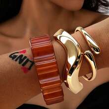 GNIT Asymmetrical Wavy Gold Bracelet And Ribbed Resin Bracelet Set, Women's, 3pcs/1pc Stackable Chunky Wide Cuff Vintage Statement Jewelry - Brown. Gold. Gold - View 13