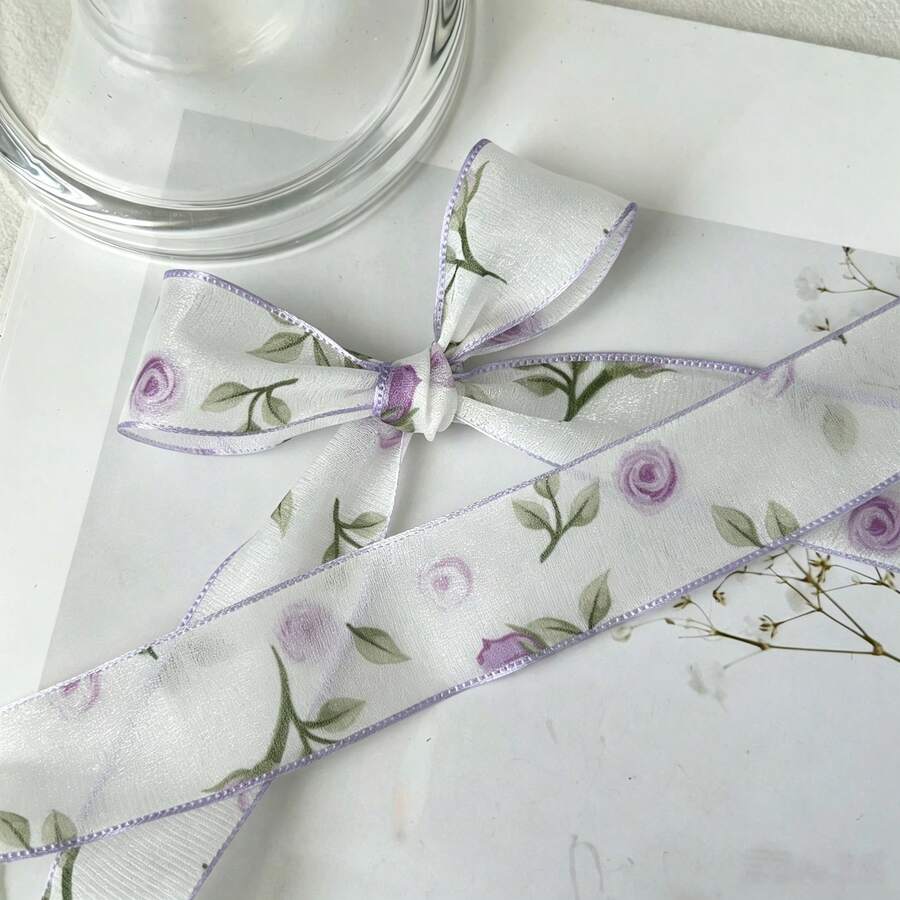 2 Yards Transparent Rose Flower Print Chiffon Ribbon, Wedding Bouquet Decoration Ribbon, Suitable For Handmade Bouquets, Gift Wrapping, Party Decor, Floral Design, Handmade DIY Bow Gift Ribbon, Soft Texture, Event Decoration - Purple - View 1