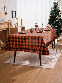 1pc Christmas Vintage Multi-Color Plaid Ruffle Edge Rectangular Tablecloth, Halloween Atmosphere Dining Table Cover, Home Restaurant Living Room Holiday Party B&B Decoration - Orange - View 3