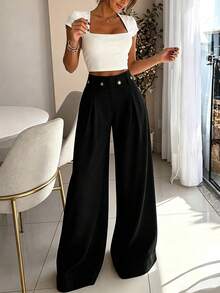 SUNSTORY Women's All-Season Solid Color High-Waist Wide-Leg Trousers, Featuring Pleated Waist And Draped Floor-Length Pants - Black - View 2