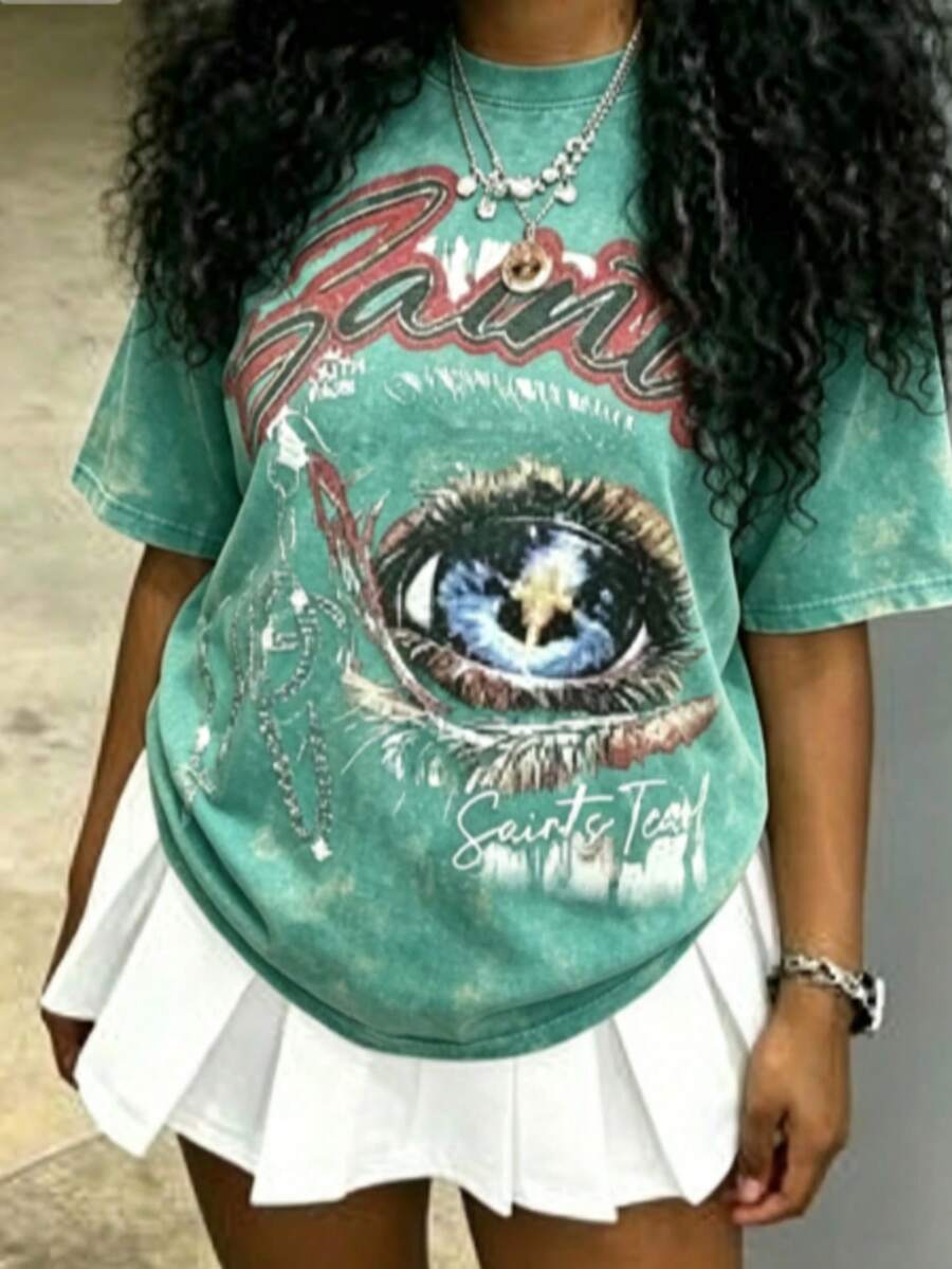 Cotton Clothes Y2K-Inspired Letter Print T-Shirt,Casual Crew Neck Short Sleeve, Perfect For Spring Summer Fall, Fashion Streetwear Unisex, Graphic Tee - 薄荷綠 - 查看 1