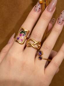 3pcs French Fashion Elegant Stainless Steel Gold Ring Set, Dried Flower Resin Twisted Heart Purple Zirconia Design, Suitable For Date, Engagement, Wedding, Teacher's Day, Back To School Gift, Versatile - Gold - View 1