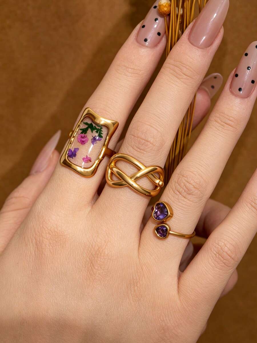 3pcs French Fashion Elegant Stainless Steel Gold Ring Set, Dried Flower Resin Twisted Heart Purple Zirconia Design, Suitable For Date, Engagement, Wedding, Teacher's Day, Back To School Gift, Versatile - Gold - View 1