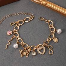 Cute Y2K Gold Chunky Link Charm Bracelet, Butterfly Heart Pearl Pink Flower Multi Charms Wrist Bracelet For Daily Outfit - Yellow Gold - View 1