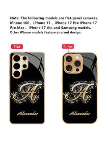 1pc Customized Artistic Calligraphy Initial & Personalized Name, Creative Pattern Back Tempered Glass + TPU Soft Edge Phone Case Compatible With Samsung S26Ultra/S25Plus/S24 Series And Apple 17ProMax/16ProMax/15Pro/14 Plus/13 Pro/12 Pro Max/11/XsMax/8/7/6Plus Phone Accessories, Suitable As Birthday Gift For Girlfriend, Boyfriend Or Yourself - Gold - View 8