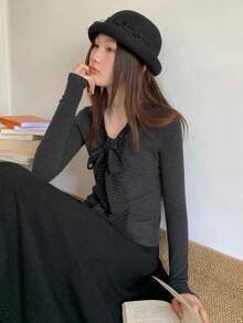 女款波點拼接蝴蝶結長袖修身T恤上衣，小眾設計，秋季 - 灰色 - 查看 3