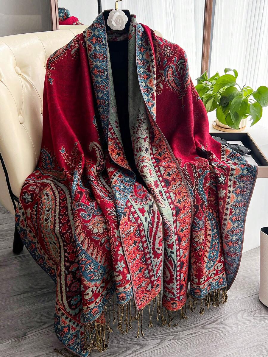 1pc Women's Cashew Nut Jacquard Fringed Scarf, Women's Muslim Headscarf, Soft And Lightweight Shawl, Elegant Headscarf For Daily Travel, Shawl - Multicolor - View 1