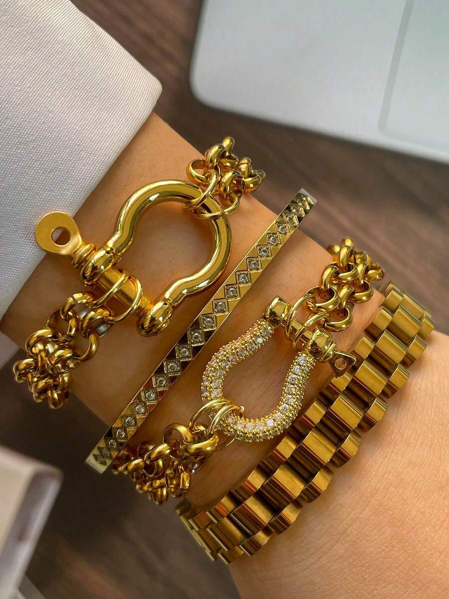 1pc Gold & Silver Horseshoe Buckle Bracelet, Full Rhinestone Horseshoe Buckle Double Chain Design, Unique & Luxurious, Stainless Steel Material, Suitable For Women's Daily Work Decoration - Multicolor - View 1
