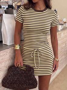 Unadoll Women's Autumn Yellow & Brown Striped 2 Pieces Set, Round Neck Short Sleeve Cropped Top With Drawstring Mini Skirt Elegant Summer - Yellow-brown Stripes - View 8